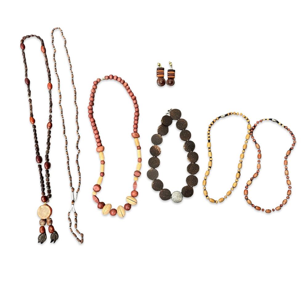 Vintage Wooden Brown Beaded Jewelry Lot: 6 Necklaces 1 Pair of Dangle Earrings